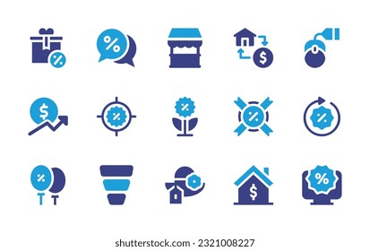 Sales icon set. Duotone color. Vector illustration. Containing gift, sales, store, sale, online sales, growth, balloons, sales funnel, pamela, property, online.