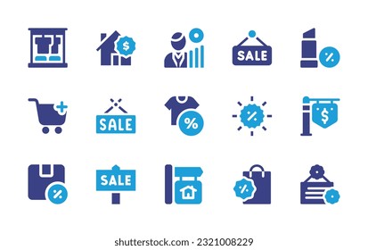 Sales icon set. Duotone color. Vector illustration. Containing clothes shop, house, broker, sale, lipstick, cart, sales, tshirt, for sale, discount, sign, shopping bag.