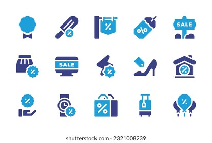 Sales icon set. Duotone color. Vector illustration. Containing label, popsicle, sale, price tag, skirt, online, flash sale, shoe label, discount, watch, shopping bag, suitcase, balloons.