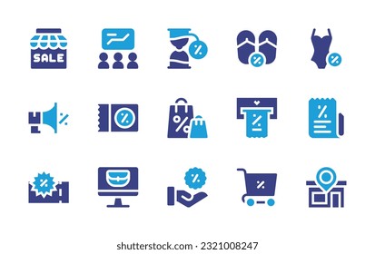 Sales icon set. Duotone color. Vector illustration. Containing store, presentation, sale time, flip flops, swimsuit, megaphone, offer, shopping bag, invoice, bill, coupon, commerce, sale, shopping.