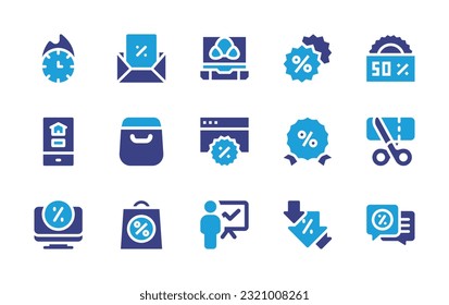 Sales icon set. Duotone color. Vector illustration. Containing hot sale, email marketing, summer sale, discount, sale, real estate, shopping bag, sales, computer, line graph.