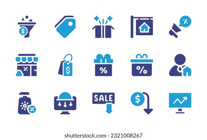 Sales icon set. Duotone color. Vector illustration. Containing filtering, supermarket, prize, for sale, sales, store, price tag, sale, gift box, real estate agent, sunscreen, low sales, down arrow.