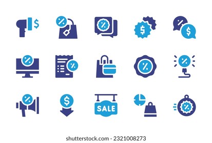 Sales icon set. Duotone color. Vector illustration. Containing megaphone, shopping bag, black friday, sales, negotiation, computer, invoice, sale, promo, low price, flash sale.