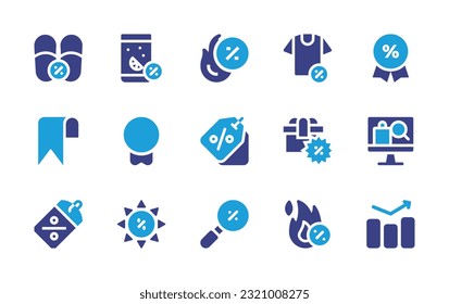 Sales icon set. Duotone color. Vector illustration. Containing slippers, drink, hot sale, tshirt, sale, tag, badge, price tag, gift, shopping, summer sale, discount, sales.