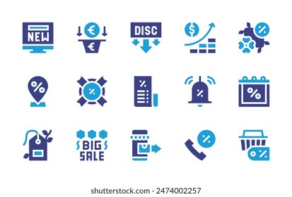 Sales icon set. Duotone color. Vector illustration. Containing sales, notificationbell, call, shoppingbasket, bill, discounttag, offer, placeholder, calendar, ecommerce.