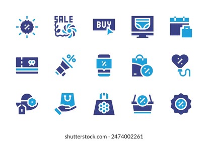 Sales icon set. Duotone color. Vector illustration. Containing sales, sale, pamela, buy, voucher, discount, megaphone, basket, underwear, bag, shoppingbag, shopping, balloon.