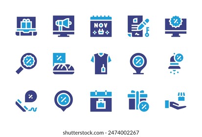 Sales icon set. Duotone color. Vector illustration. Containing sales, mortgage, location, magnifyingglass, discount, gift, megaphone, tshirt, notificationbell, blackfriday.