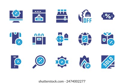 Sales icon set. Duotone color. Vector illustration. Containing sale, sales, wristwatch, beer, tshirt, sold, offer, shirt, coupon, discount, search, computer, purchase.