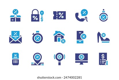 Sales icon set. Duotone color. Vector illustration. Containing sale, sales, lowsales, discount, placeholder, highheels, call, computer, smartphone, shoppingbag, timer.