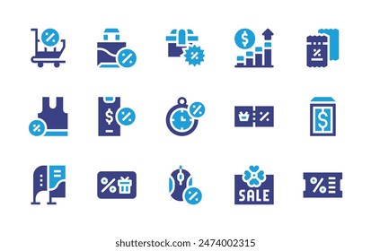 Sales icon set. Duotone color. Vector illustration. Containing graph, undershirt, gift, smartphone, shoppingcart, discount, pricetag, voucher, discountvoucher, limitedtime.