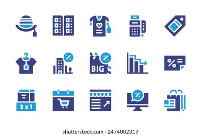 Sales icon set. Duotone color. Vector illustration. Containing decrease, posterminal, shares, clothes, building, pamelahat, offer, onlinediscount, tshirt, discount, catalogue, cart.