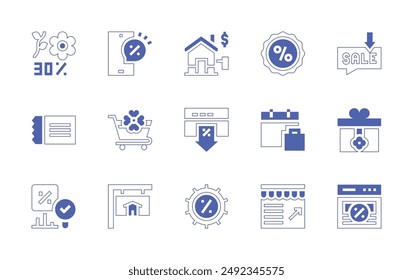 Sales icon set. Duotone style line stroke and bold. Vector illustration. Containing onlinesale, forsale, sun, shares, ticket, giftbox, voucher, shoppingcart, percentage, shopping.