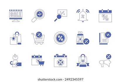 Sales icon set. Duotone style line stroke and bold. Vector illustration. Containing notificationbell, label, discount, sunscreen, promotion, calendar, shoppingbag, discountcoupon.