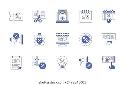 Verkaufssymbolsatz. Linienstrich im Duotonstil und fett. Vektorillustration. Mit Rabatt, Gutschein, Online-Shopping, Timer, Online-Shopping, Megaphon, Promotion.