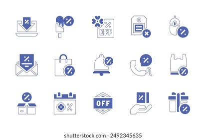 Sales icon set. Duotone style line stroke and bold. Vector illustration. Containing nosales, discount, openbox, mail, call, calendar, shoppingbag, offer, notification, icecream.