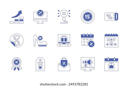 Sales icon set. Duotone style line stroke and bold. Vector illustration. Containing tag, calendar, computer, highheels, promo, gift, coupon, blackfriday, shopping, discount.