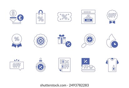 Sales icon set. Duotone style line stroke and bold. Vector illustration. Containing summersale, salespipeline, sales, sale, offer, shoppingbag, search, tshirt, discount, fire.