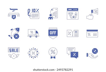 Sales icon set. Duotone style line stroke and bold. Vector illustration. Containing voucher, negotiation, headset, discount, coupon, statistics, promotion.