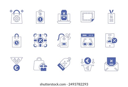 Sales icon set. Duotone style line stroke and bold. Vector illustration. Containing salespipeline, sale, lifesaver, shoppingbag, time, pricetag, giftbag, coupon, discounttag.