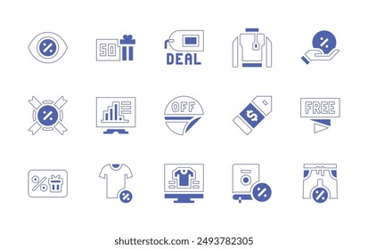Sales icon set. Duotone style line stroke and bold. Vector illustration. Containing sales, sale, giftcard, tshirt, eye, deal, discount, offer, pants, jersey.