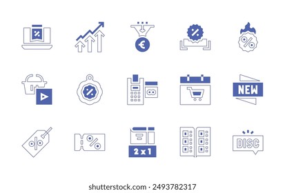 Sales icon set. Duotone style line stroke and bold. Vector illustration. Containing salespipeline, pointofsale, sales, laptop, shoppingbasket, discount, coupon, offer.