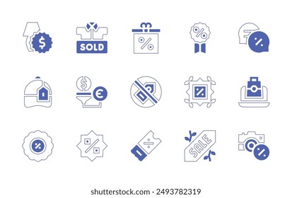 Sales icon set. Duotone style line stroke and bold. Vector illustration. Containing salespipeline, sale, nosales, ticket, sold, camera, label, discount, shopping, message, gift.