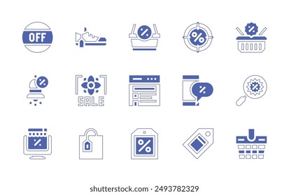 Sales icon set. Duotone style line stroke and bold. Vector illustration. Containing shoppingbag, spring, basket, online, shoe, notificationbell, cybermonday, discount, label.