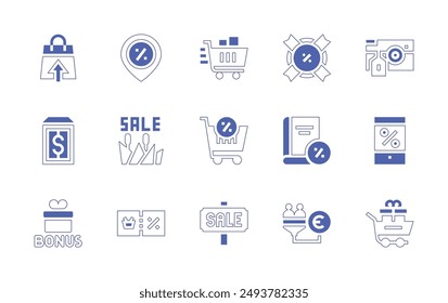 Sales icon set. Duotone style line stroke and bold. Vector illustration. Containing salespipeline, sales, sale, bonus, pricetag, voucher, discount, offer, shoppingcart.