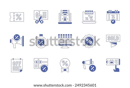 Sales icon set. Duotone style line stroke and bold. Vector illustration. Containing discount, voucher, onlineshopping, timer, shoppingonline, megaphone, promotion.