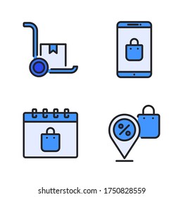 Sales icon set (Filled Line) = Trolley box, smartphone, calendar, discount location