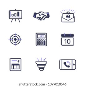 Sales icon set hand drawn, with handshake, calculator, calendar, funnel, invoice, email, target, chart and phone