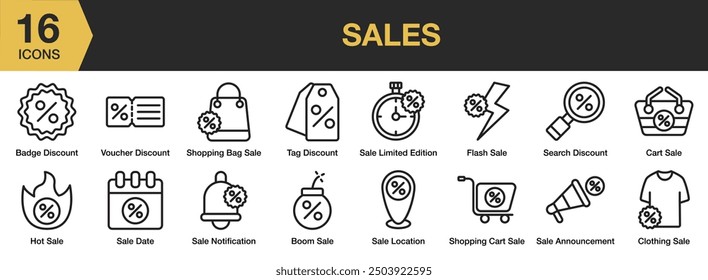 Sales icon set. Includes boom sale, cart sale, sale notification, search discount, flash sale, and More. Outline icons vector collection.