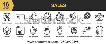 Sales icon set. Includes boom sale, cart sale, sale notification, search discount, flash sale, and More. Outline icons vector collection.