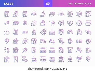 Icono de ventas define el gradiente de línea de los iconos vectoriales. Se puede usar para productos digitales, presentación, interfaz de usuario y muchos más.