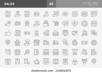 Sales icon set line style, Mobile Shop, Digital marketing, Bank Card, Gifts, Discount and more