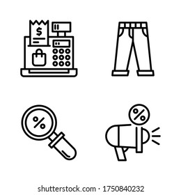 Juego de iconos de ventas = máquina de registro, jeans, descuento de búsqueda, marketing de megáfonos