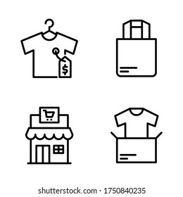 Sales icon set = Shirt price tag, shopping bag, store, building, unboxing