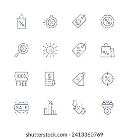 Sales icon set. Thin line icon. Editable stroke. Containing shoppingbag, search, free, sale, flashsale, summersale, lowsales, hotsale, pricetag, offer, target, salespipeline, discounttag.