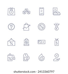Conjunto de iconos de ventas. Icono de línea delgada. Trazo editable. Conteniendo bolsa de compras, descuento, crecimiento, noventas, ventas, venta, venta, venta, venta, canalización de ventas, oferta.