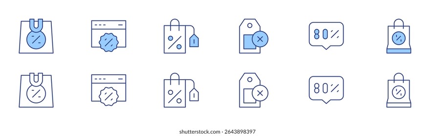 Sales icon set in two styles, Duotone and Thin Line style. Editable stroke. shoppingbag, nosales, web, percent.