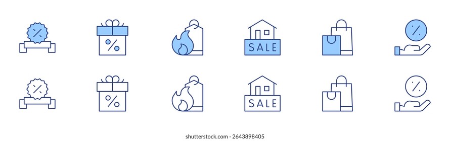 Icono de ventas establecido en dos estilos, Duotone y estilo de línea fina. Trazo editable. venta, regalo, shoppingbag, hotsale, descuento.