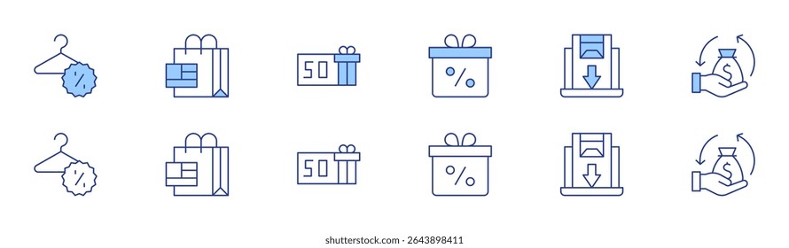 Sales icon set in two styles, Duotone and Thin Line style. Editable stroke. sales, giftbox, discount, sale, salesenablement.