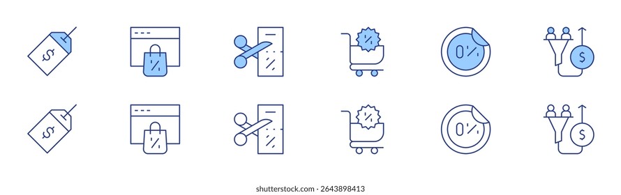 Sales icon set in two styles, Duotone and Thin Line style. Editable stroke. sale, shoppingcart, onlineshopping, percent, cut, salespipeline.