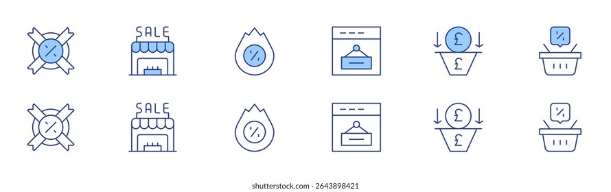 Icono de ventas establecido en dos estilos, Duotone y estilo de línea fina. Trazo editable. venta, tienda, salespipeline, hotsale, cesta de la compra.