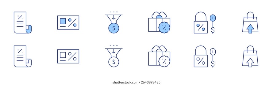 Sales icon set in two styles, Duotone and Thin Line style. Editable stroke. bill, present, card, shoppingbag, salespipeline, sales.