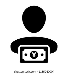 Sales icon vector male user person profile avatar with Yen sign currency money symbol for banking and finance business in flat color glyph pictogram illustration