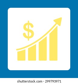 Sales icon. Vector style is yellow and white colors, flat rounded square button on a blue background.