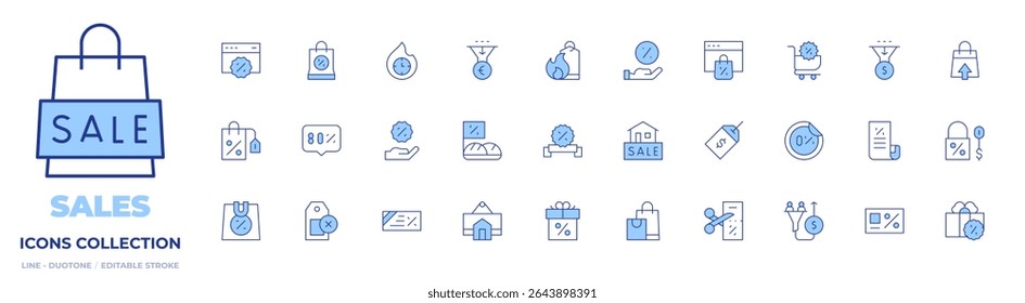 Sales icons collection. Line Duotone style, editable stroke. shoppingbag, nosales, hotsale, sign, sale, shoppingcart, bill, present, web, percent, discount, gift.