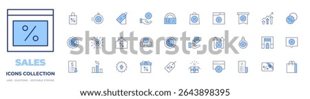 Sales icons collection. Line Duotone style, editable stroke. lowsales, summersale, shoppingbag, sale, discount, flashsale, gift, garage, sales, offer, pricetag.