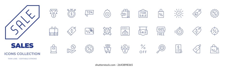 Sales icons collection. Thin Line icons, editable stroke. discount, giftcard, percent, sales, sale, saletime, salespipeline, shoppingbag, search, free, offer.